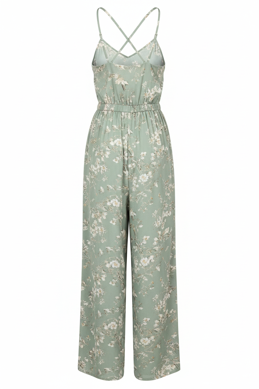 Sage Floral jumpsuit - back view white background