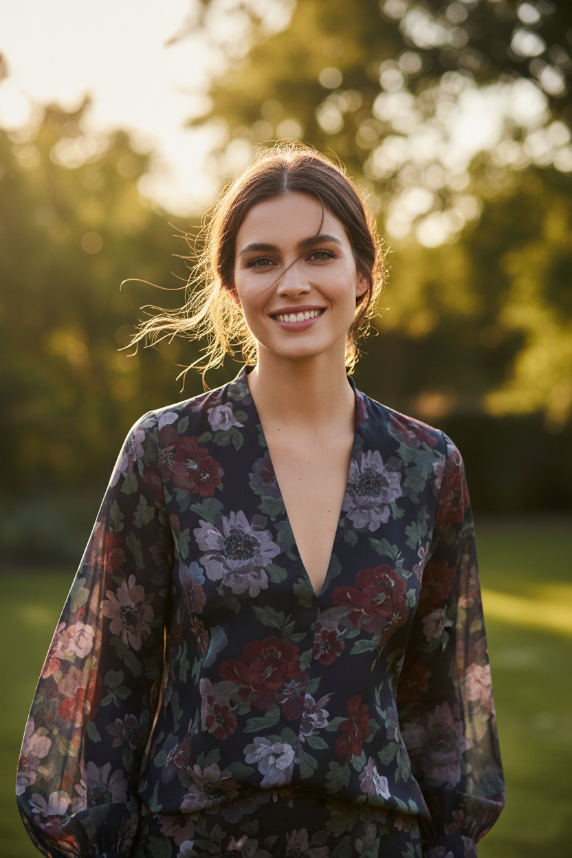 Female model smiling outdoors wearing Aurora Floral Blouse in Midnight Floral
