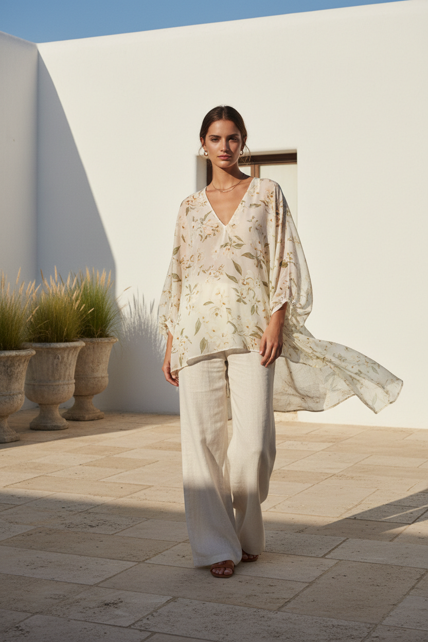 Ivory Floral blouse - female model standing outdoors