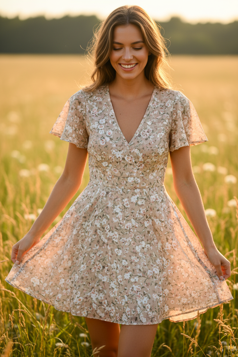 Beige Floral - Female model smiling in sunlight