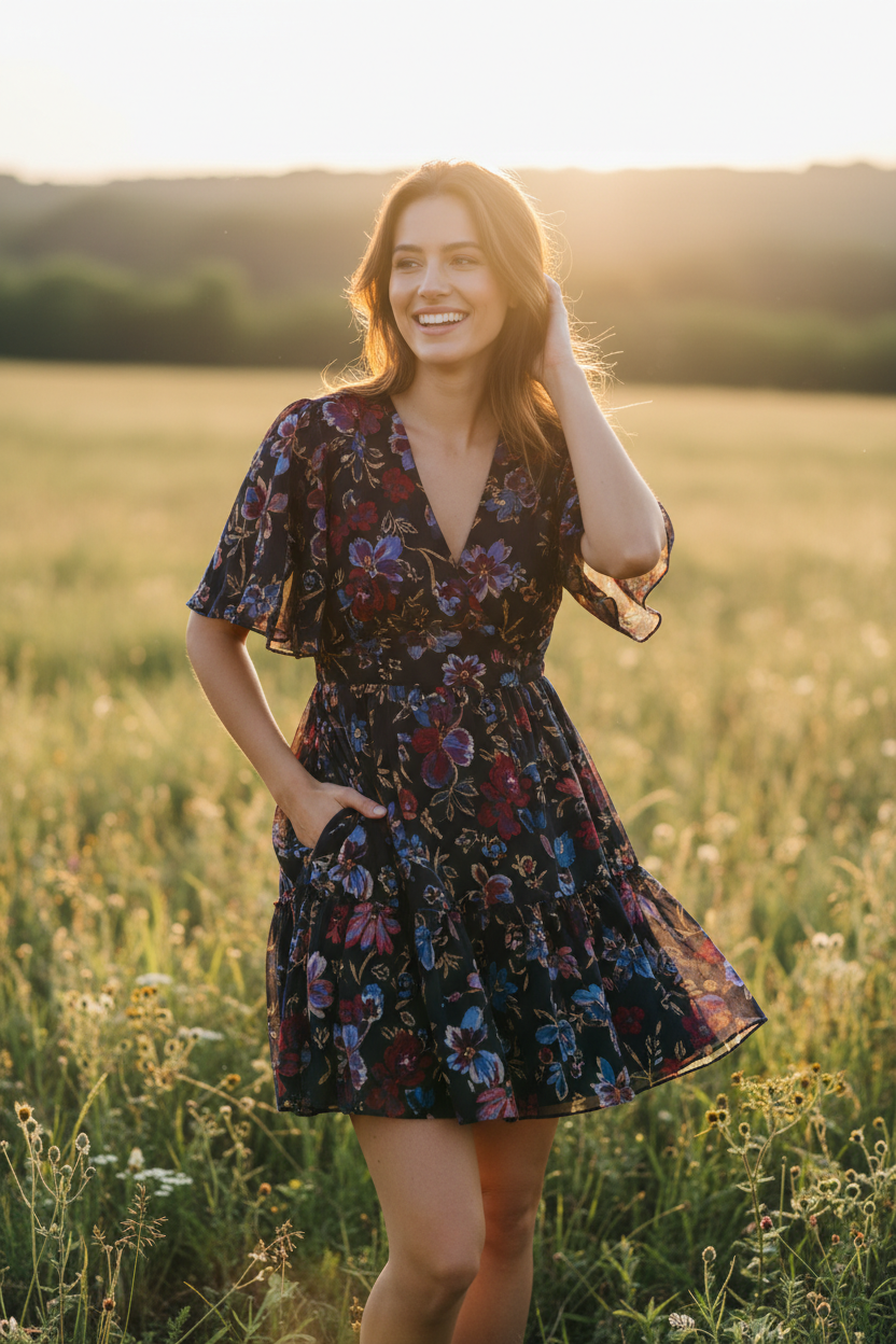 Midnight Floral - Female model smiling in sunlight