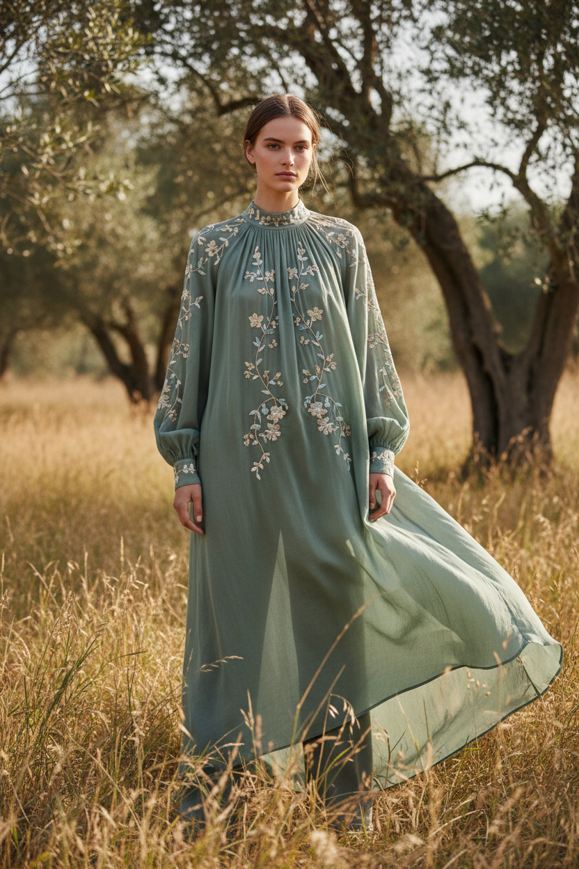 Sage Embroidered blouse – female model standing outdoors