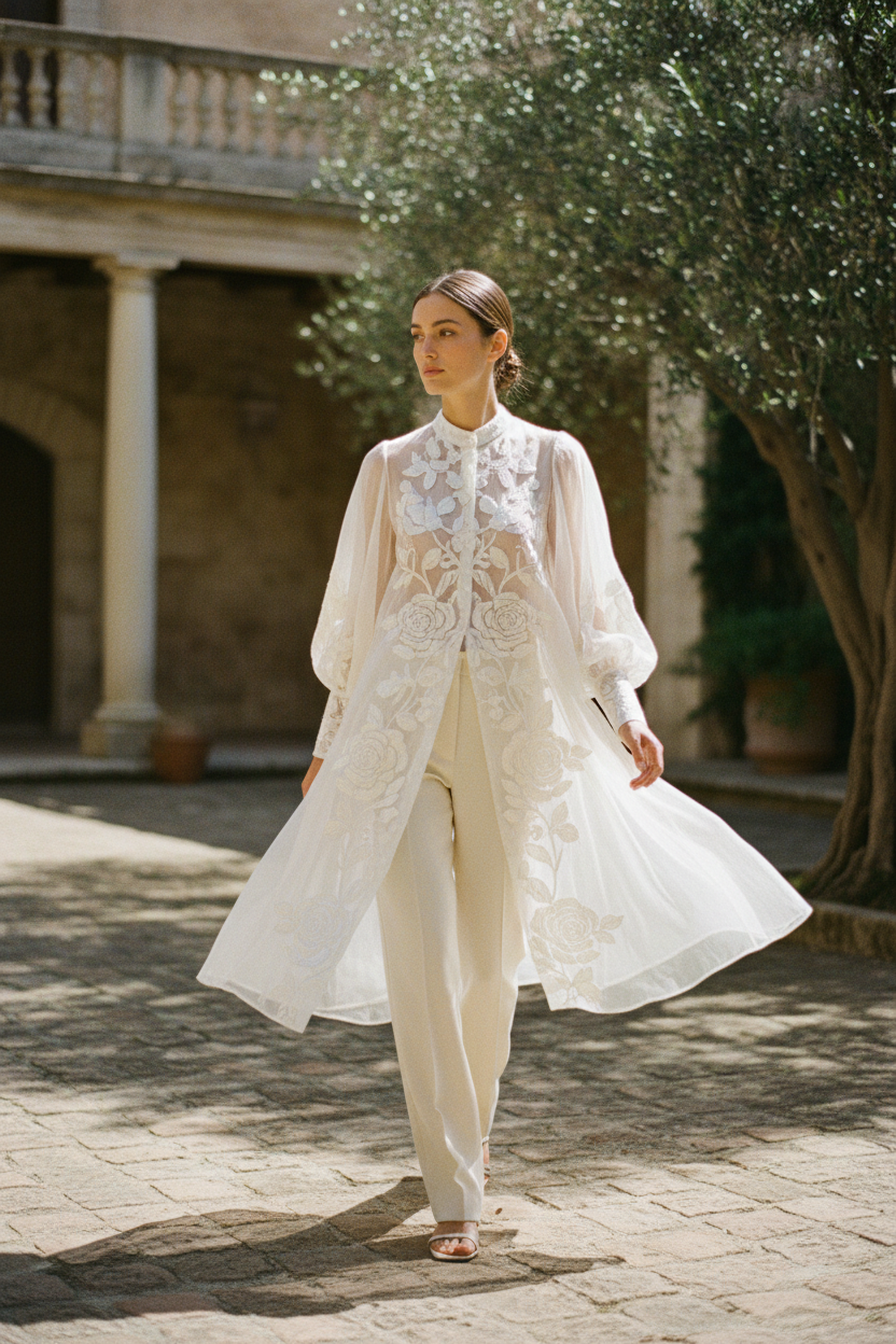 White Embroidered blouse – female model walking outdoors