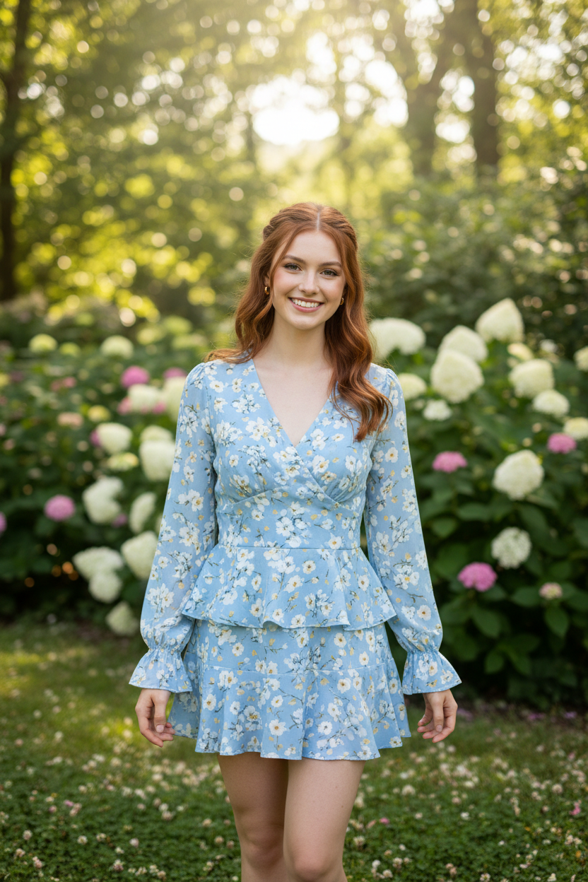 Sky Blue Floral — Female model standing outdoors wearing Luna Floral Peplum Top