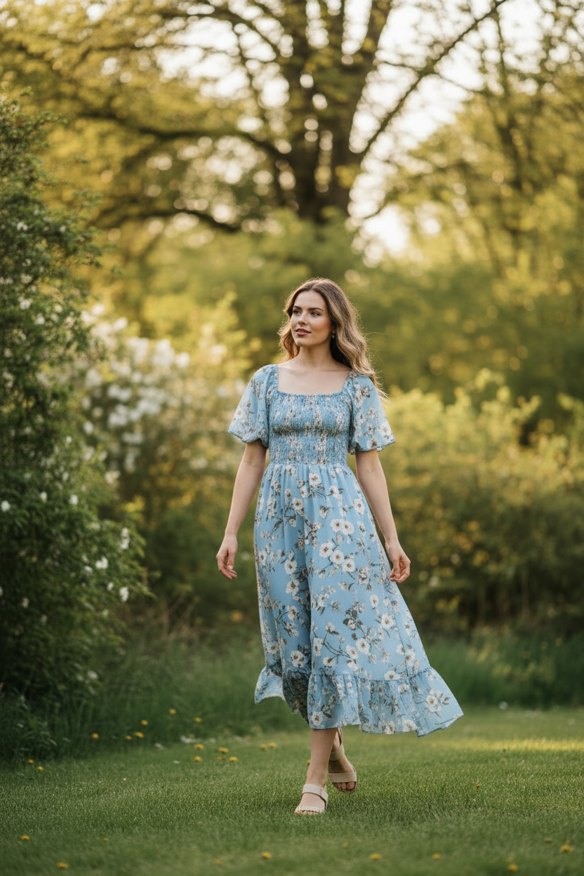 Sky Blue Floral - Female model walking in park