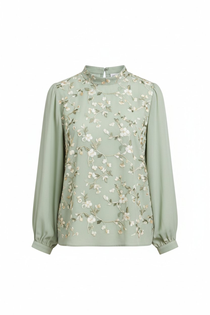 Sage Embroidered blouse – front view, white background