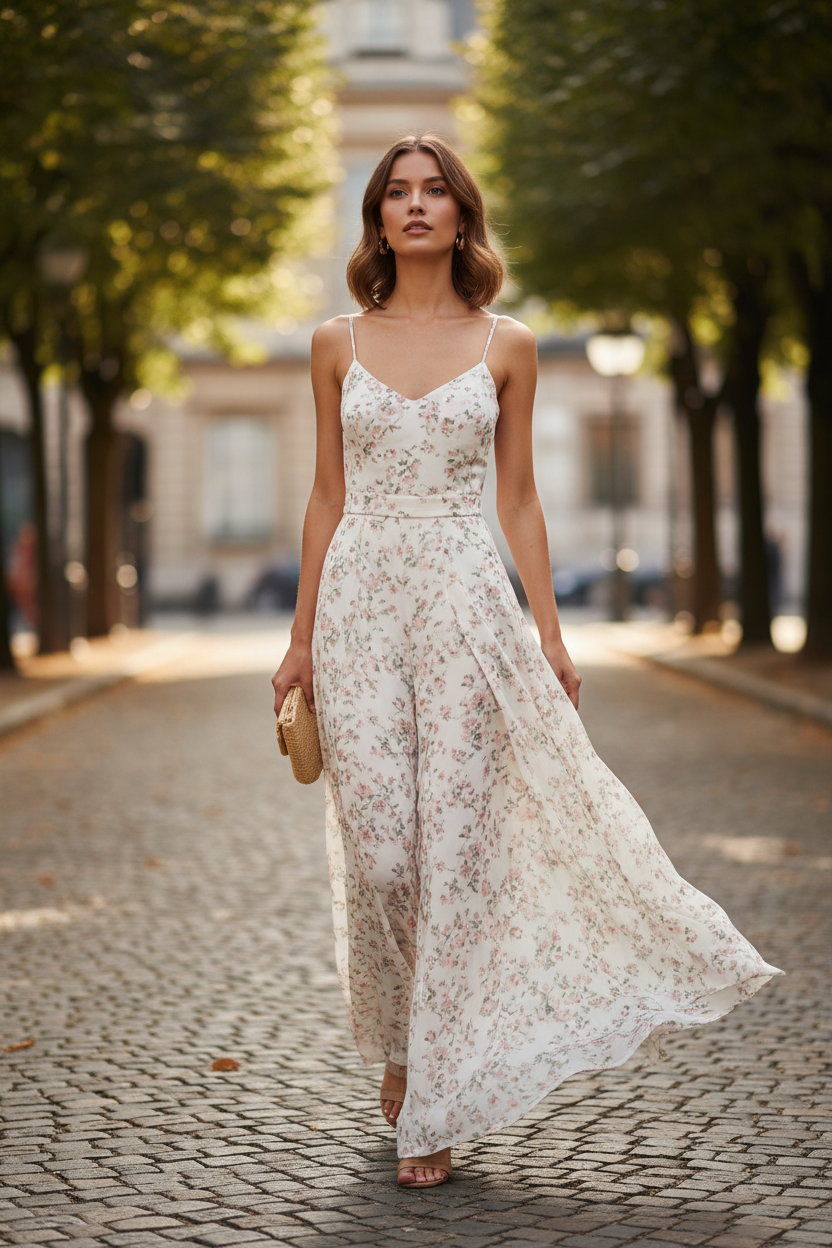 Ivory Floral jumpsuit - female model walking outdoors