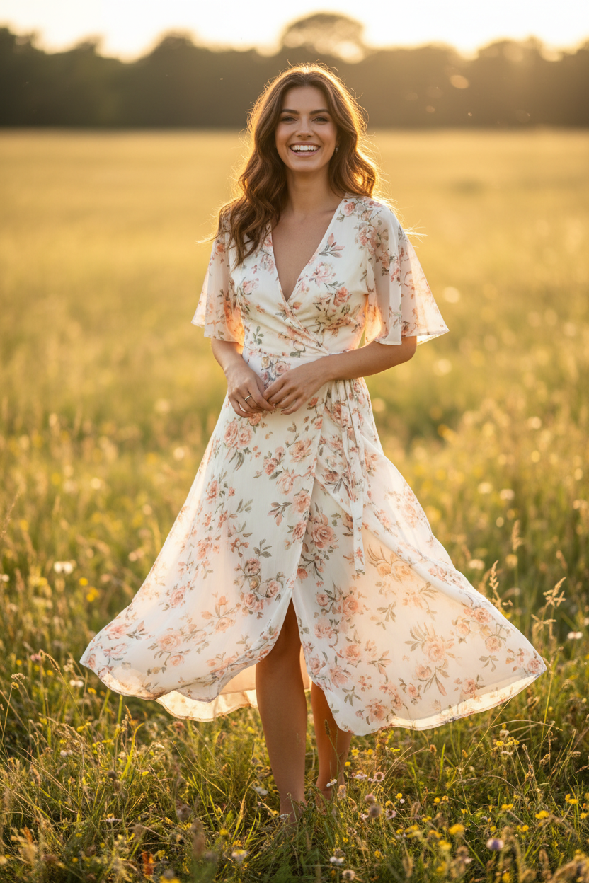 Ivory Floral - Female model smiling in sunlight
