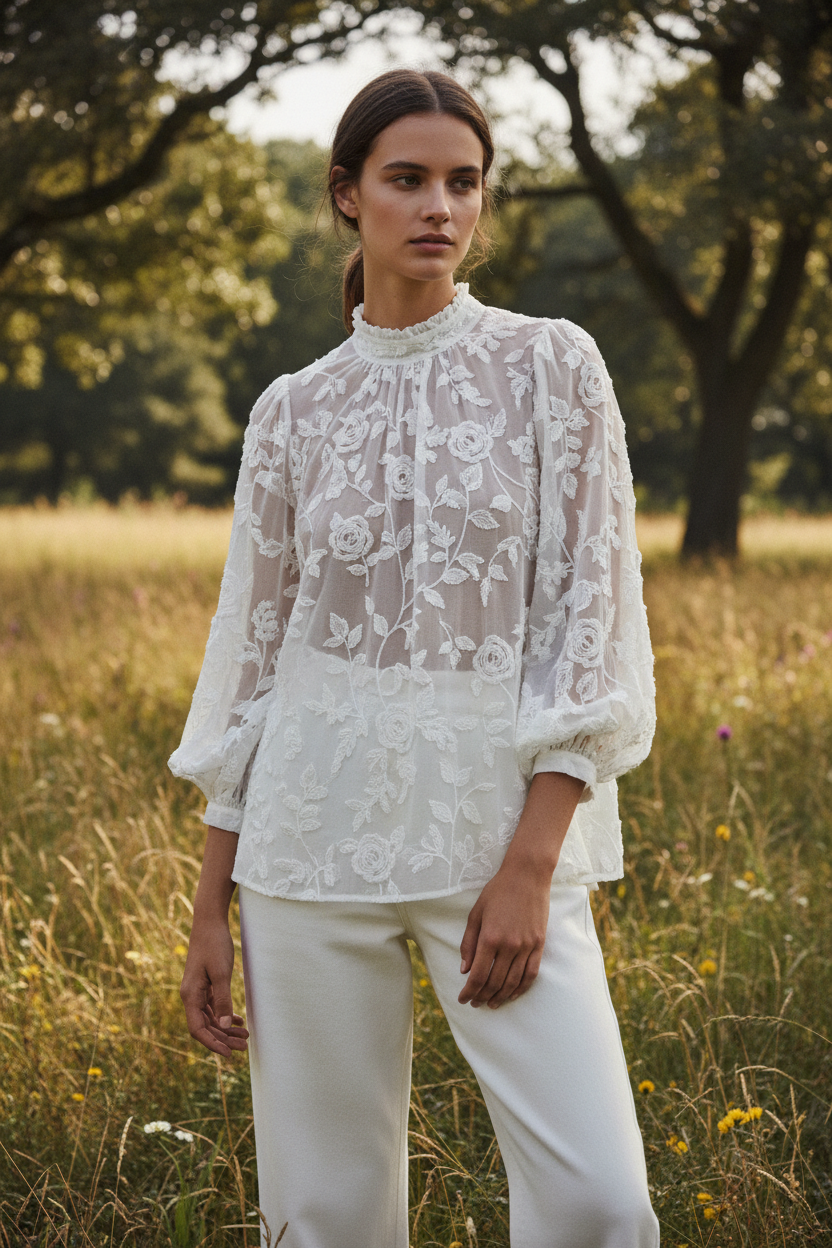 White Embroidered blouse – female model posing naturally