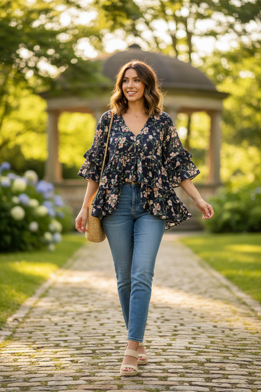 Midnight Floral – Female model walking outdoors
