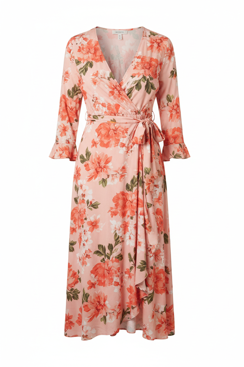 Celeste Evening Wrap Dress Coral Floral front view on white background