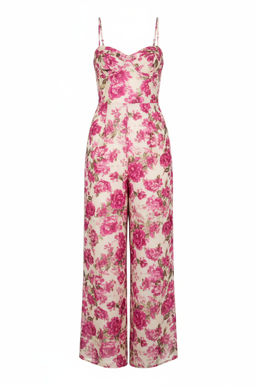 Fuchsia Floral Jumpsuit – Front view white background