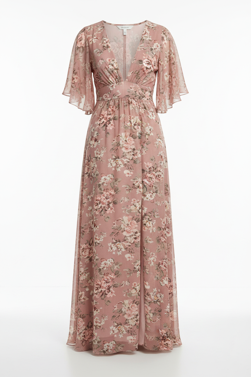Isabella Floral Maxi Dress Dusty Rose – Front view white background
