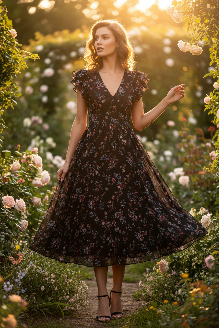Black Floral – Female model posing in sunlight
