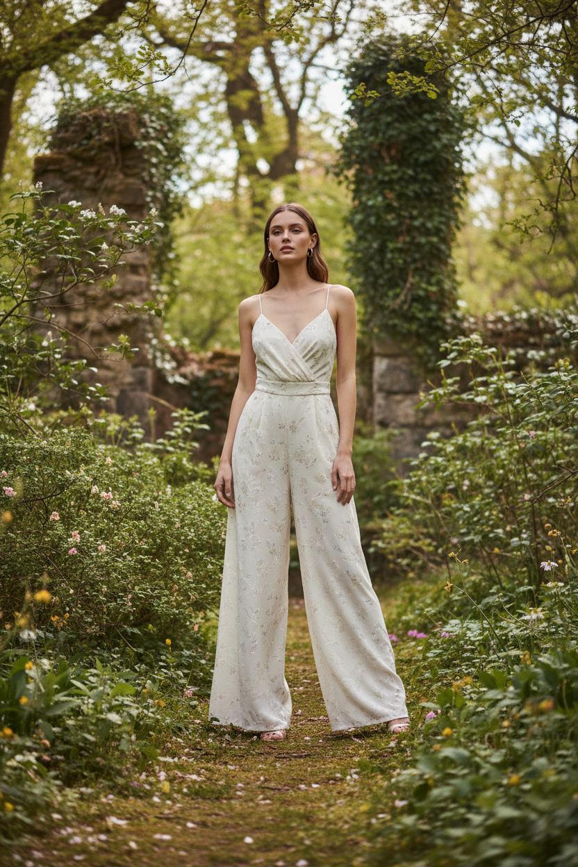 Ivory Floral jumpsuit - female model standing outdoors