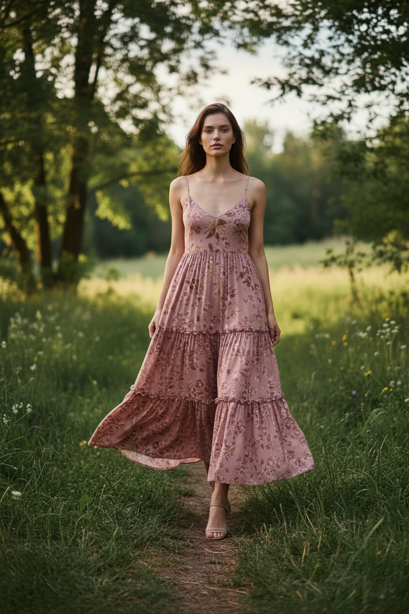 Luna Floral Slip Dress Dusty Rose Floral – model walking outdoors