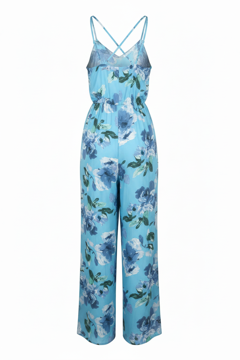 Sky Blue Floral Jumpsuit – Back view white background