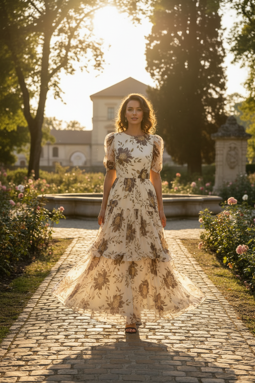 Female model standing in sunlight wearing ivory floral chiffon maxi dress