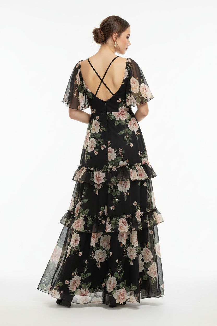 Black floral chiffon maxi dress back view on white background
