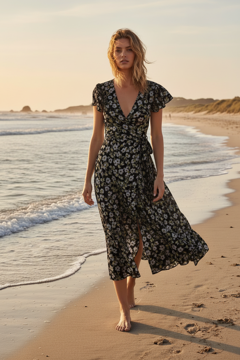 Black Floral – Female model walking at beach wearing Aurora Summer Wrap Dress