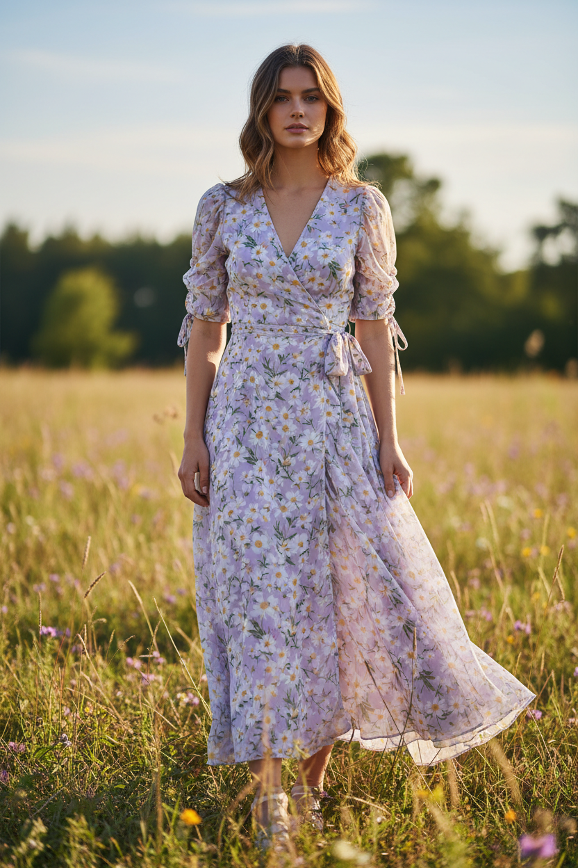 Lavender Floral wrap dress – model standing outdoors