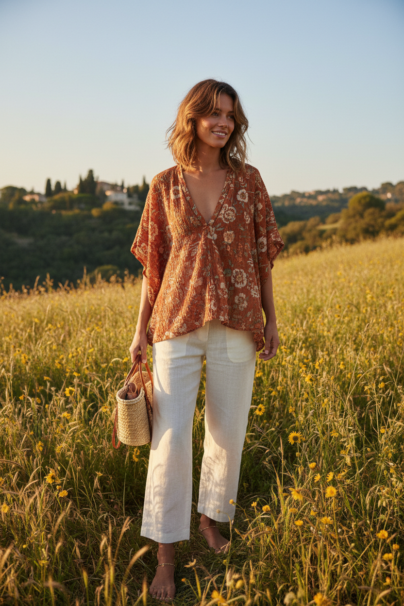 Terracotta Floral – Female model outdoors wearing summer blouse