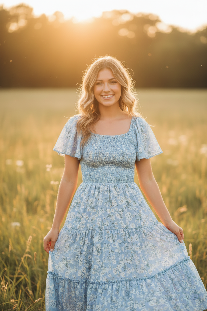 Sky Blue Floral - Female model smiling in sunlight