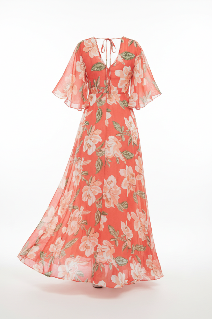 Stella Boho Maxi Dress Coral Floral – Back view white background