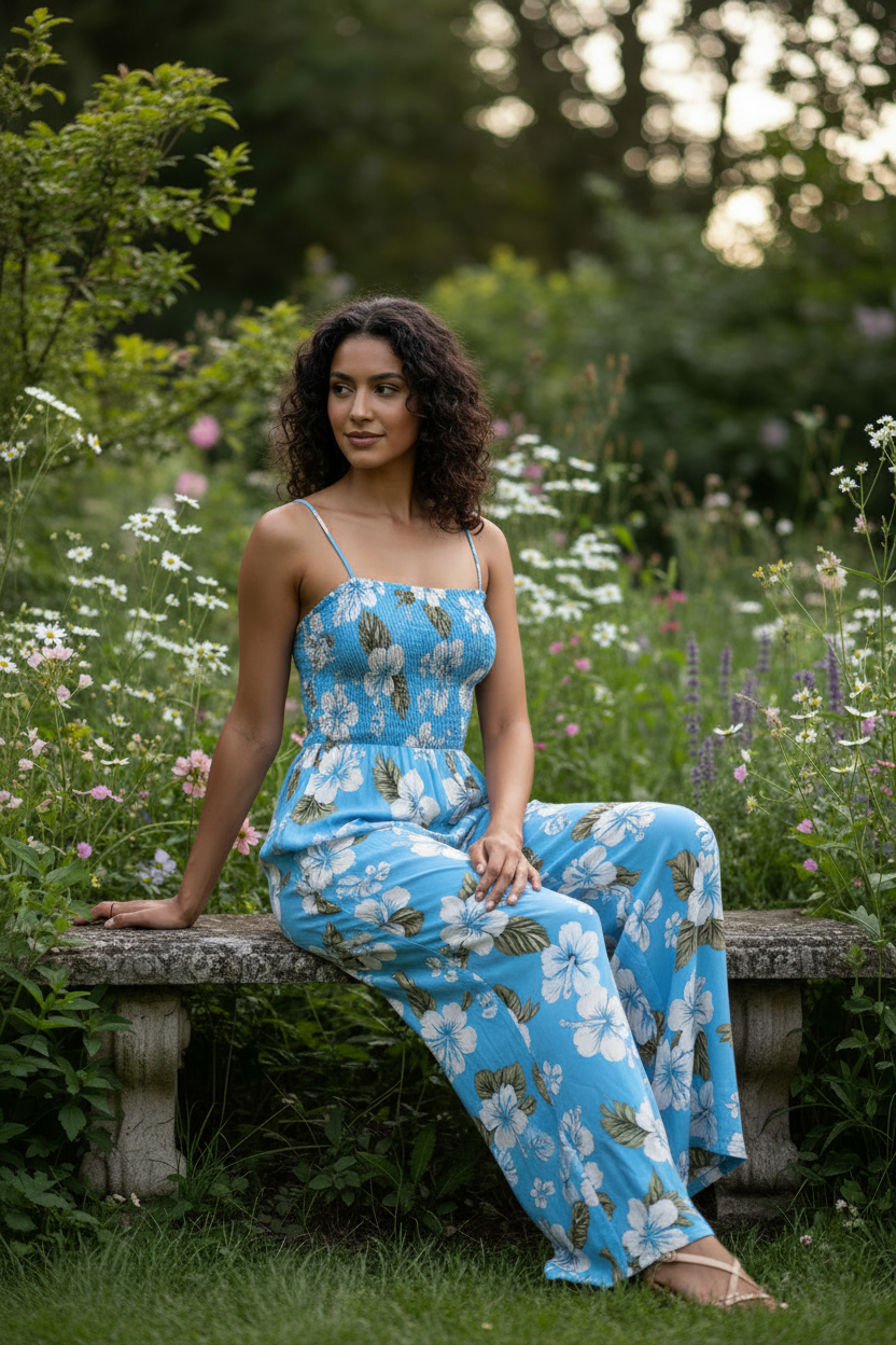 Sky Blue Floral Jumpsuit – Female model sitting outdoors