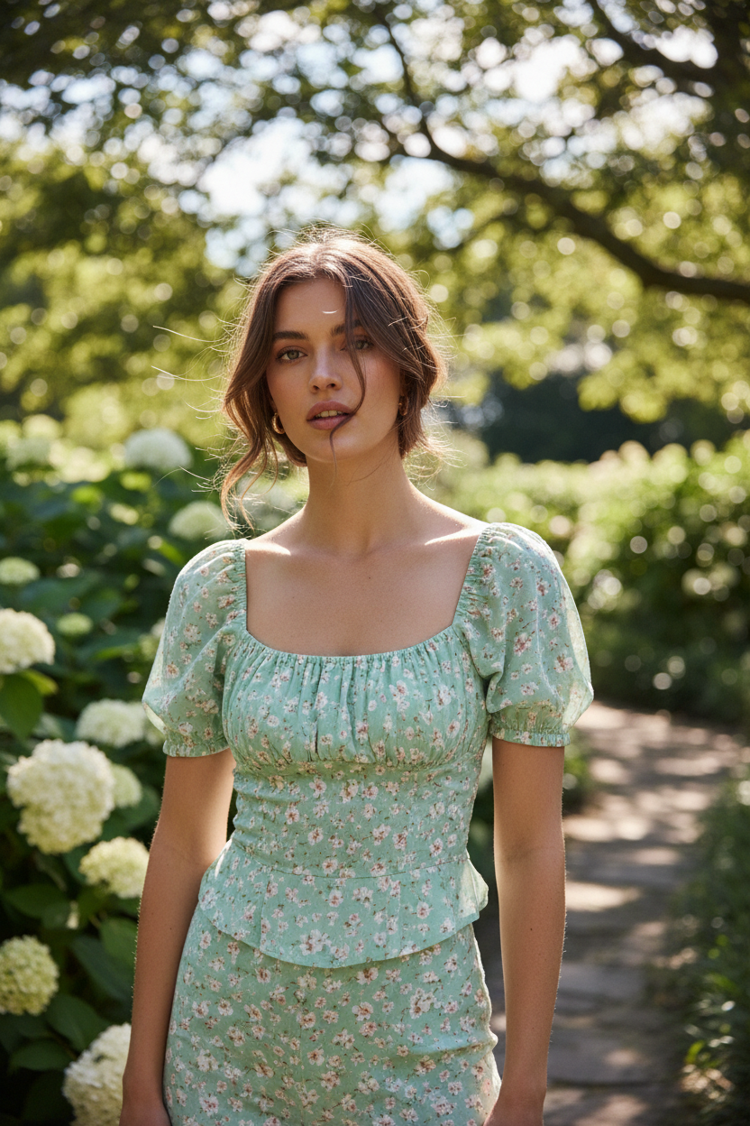 Mint Floral – Female model standing outdoors wearing smocked top
