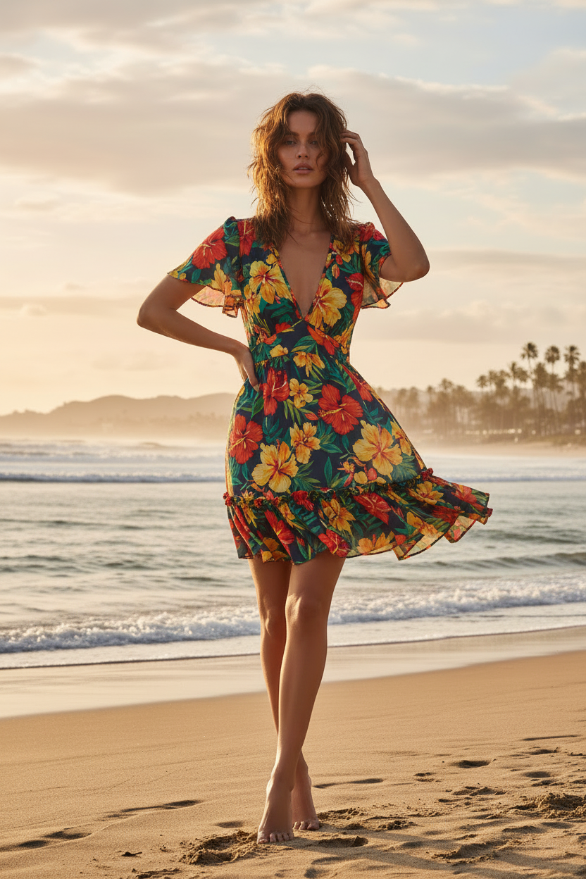 Luna Floral Mini Dress Black Floral - Model at beach