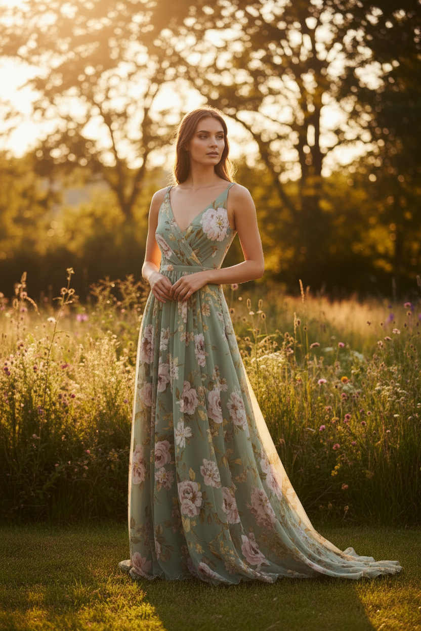 Sage Floral – Female model posing in sunlight wearing Elara Floral Maxi Dress