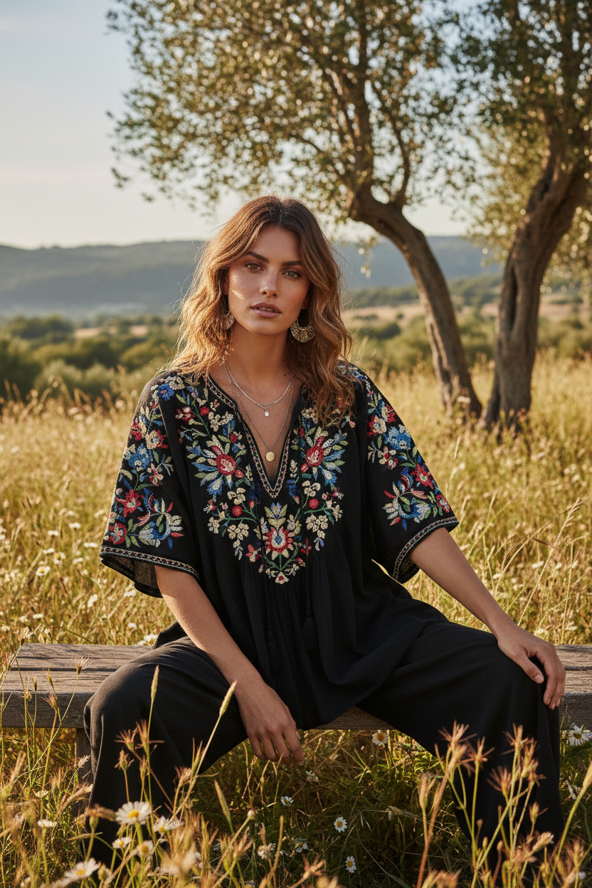 Black Embroidered – Female model sitting outdoors wearing boho top