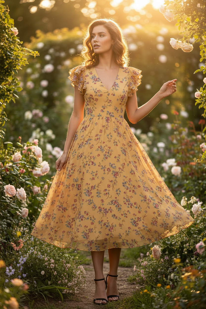 Butter Yellow Floral – Female model posing in sunlight