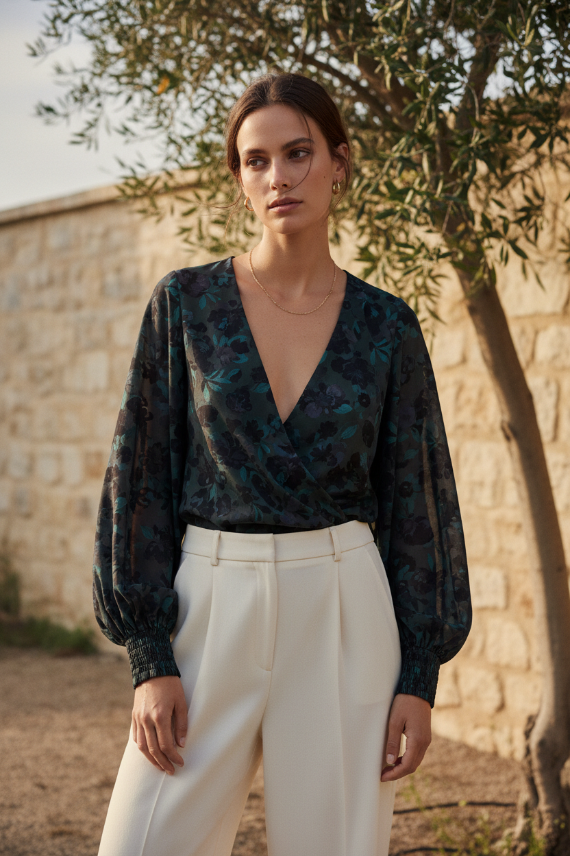 Midnight Floral blouse - female model standing outdoors