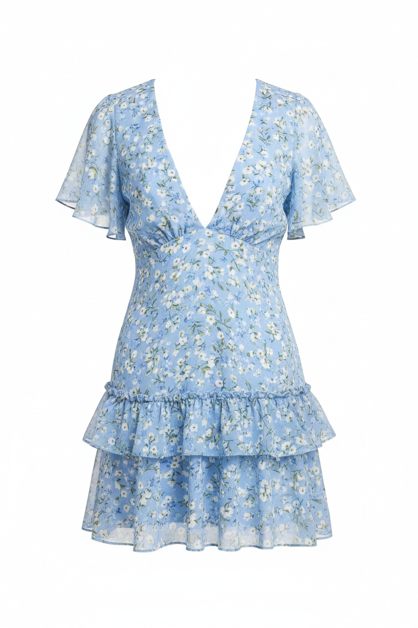 Luna Floral Mini Dress Sky Blue - Front view