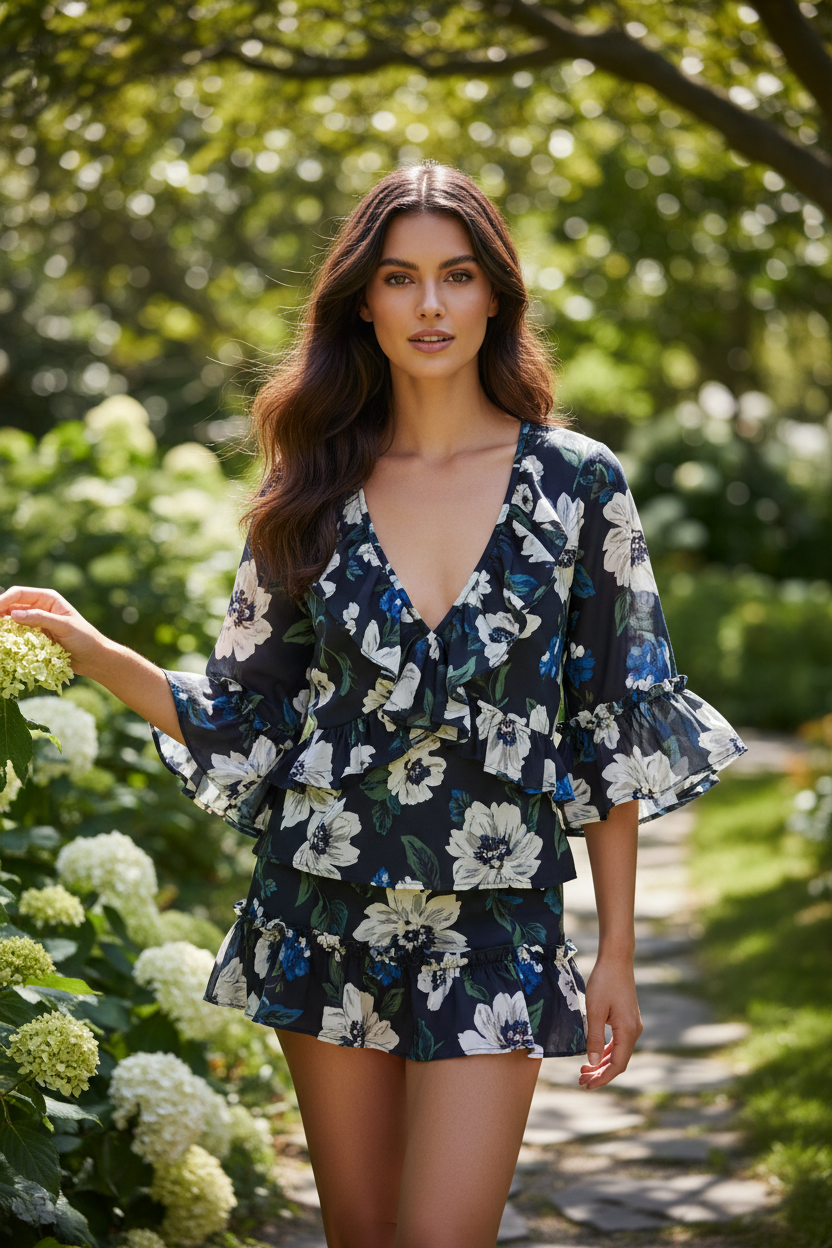Midnight Floral – Female model standing outdoors wearing ruffle top