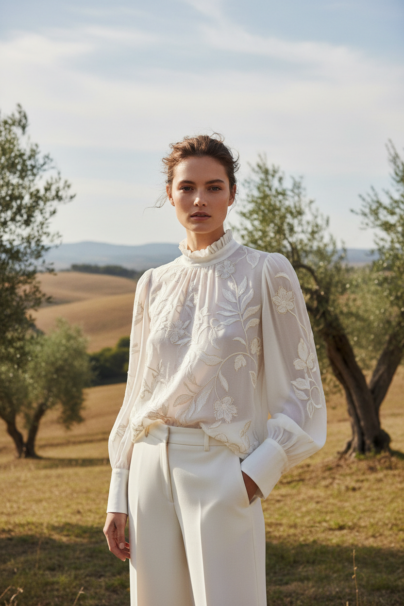 White Embroidered blouse – female model standing outdoors