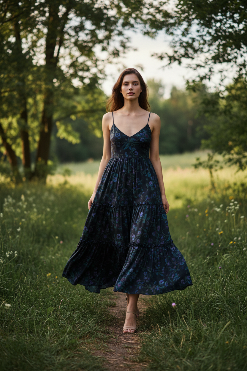 Luna Floral Slip Dress Midnight Floral – model walking outdoors