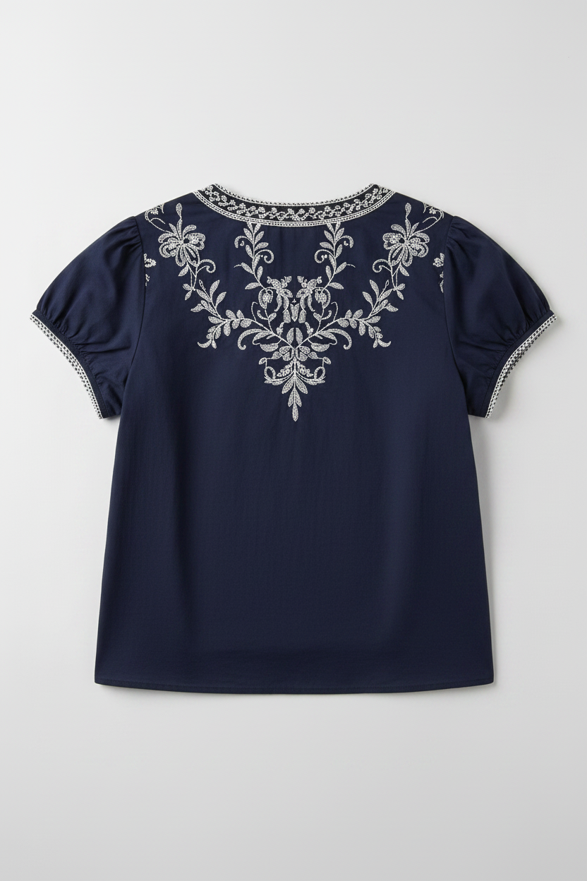 Navy Embroidered Top - Back view white background