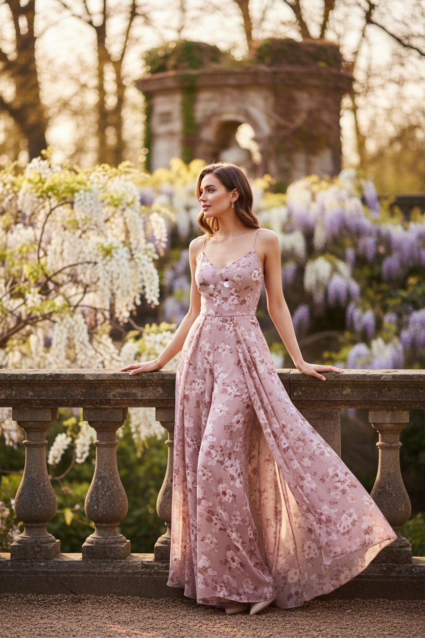Dusty Rose Floral - Female model posing naturally in Celeste Evening Jumpsuit