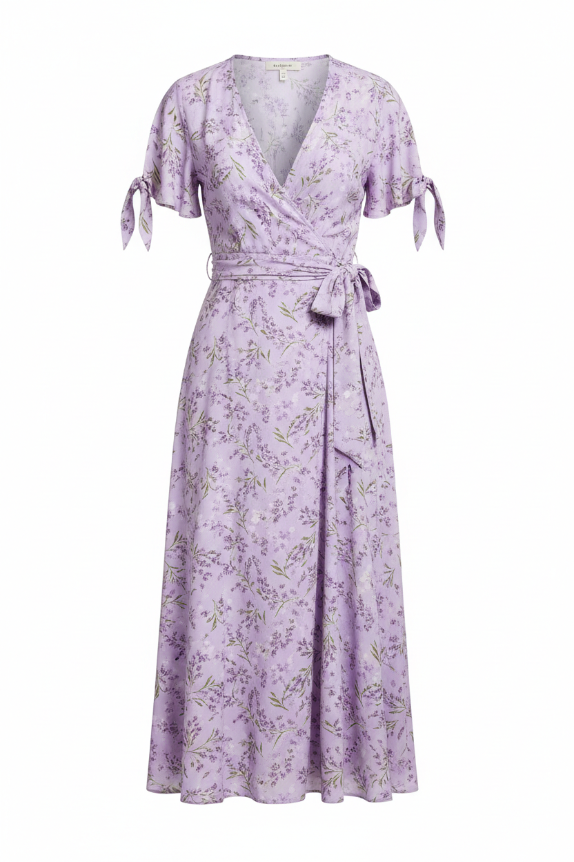 Lavender Floral wrap dress – front view white background