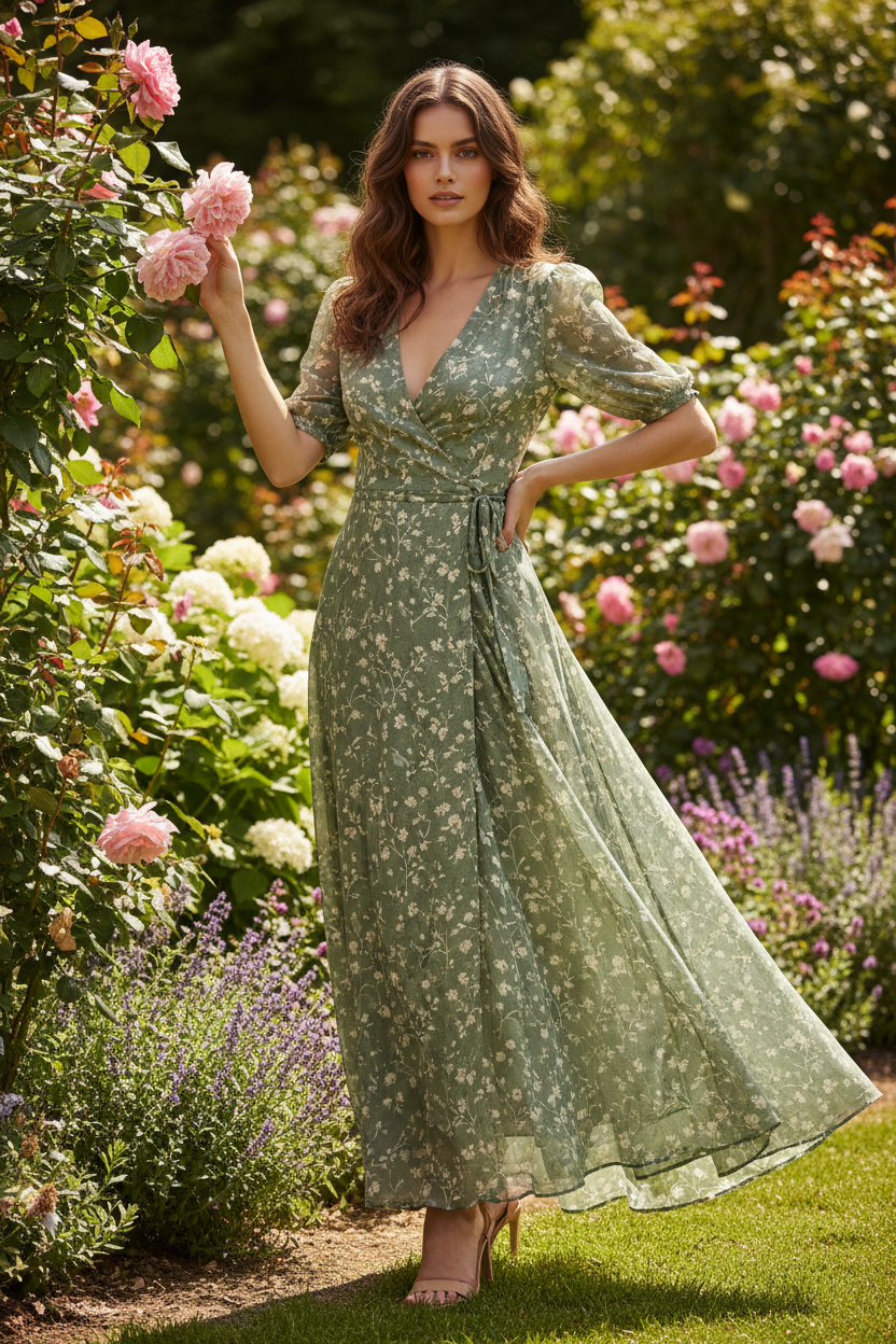 Sage Floral – Model standing in garden