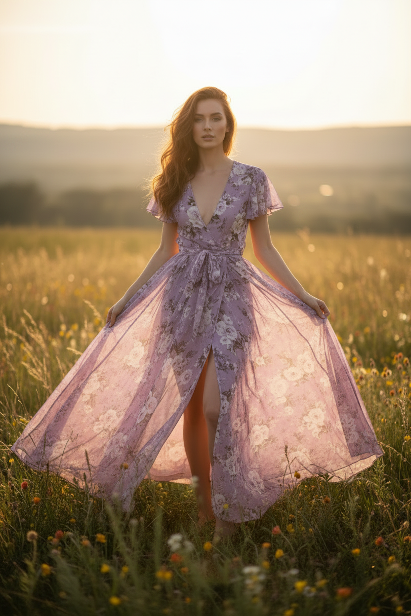 Isabella Floral Maxi Dress Lavender – Model posing in sunlight