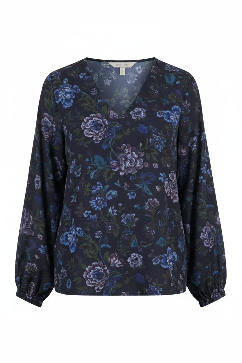 Midnight Floral blouse front view white background