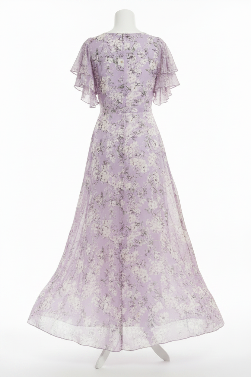 Isabella Floral Maxi Dress Lavender – Back view white background