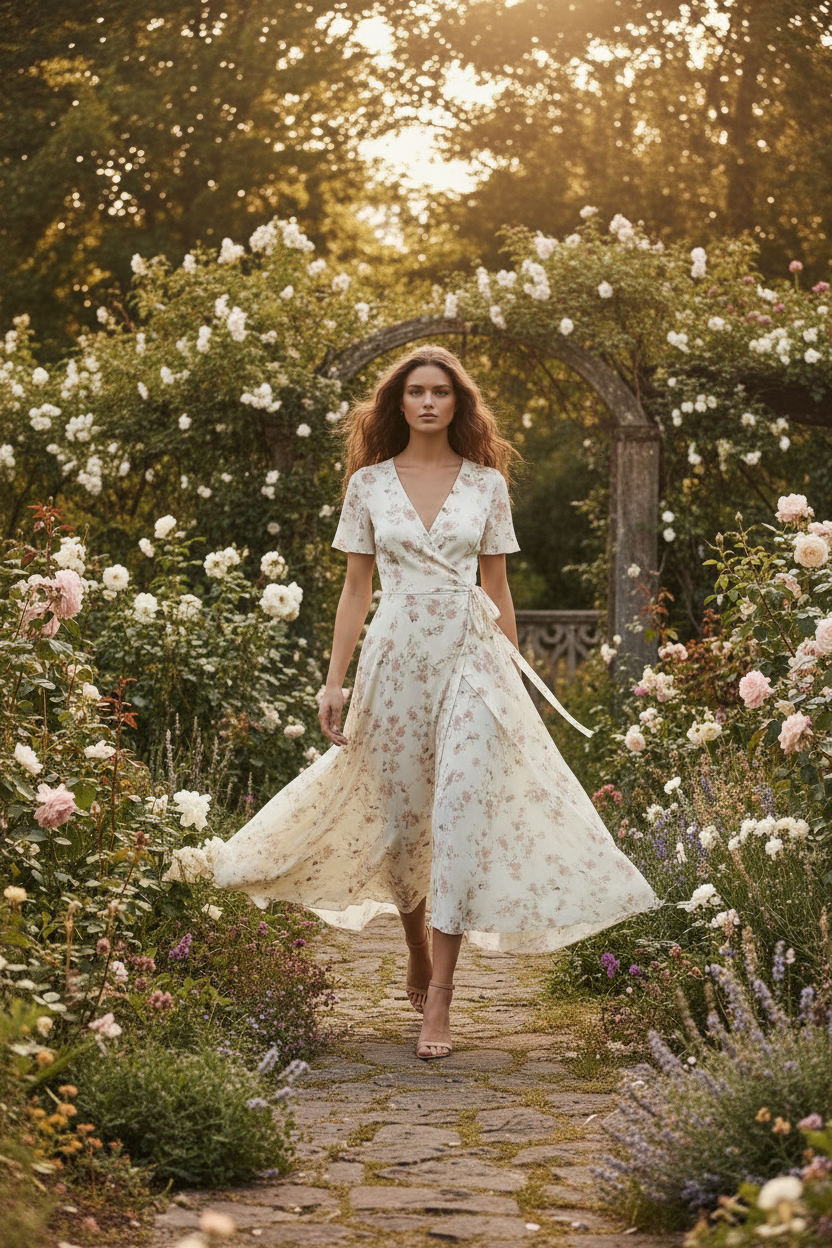 Ivory Floral – Model walking outdoors