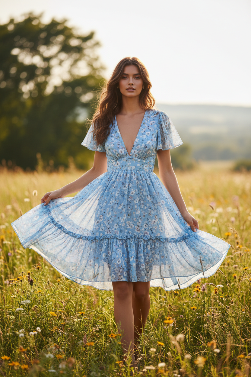 Luna Floral Mini Dress Sky Blue - Model outdoors standing