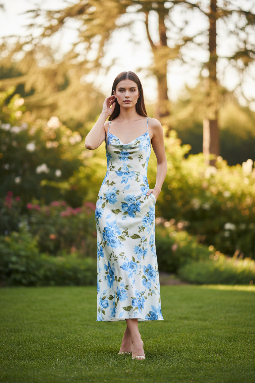 Celeste Evening Slip Dress - Sky Blue Floral - Model Posing Naturally