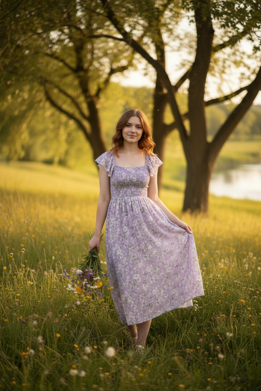 Sky Blue Floral - Female model standing outdoors